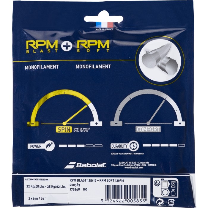 BABOLAT hybrid rpm blast (1.25mm) + rpm soft (1.30mm) strings